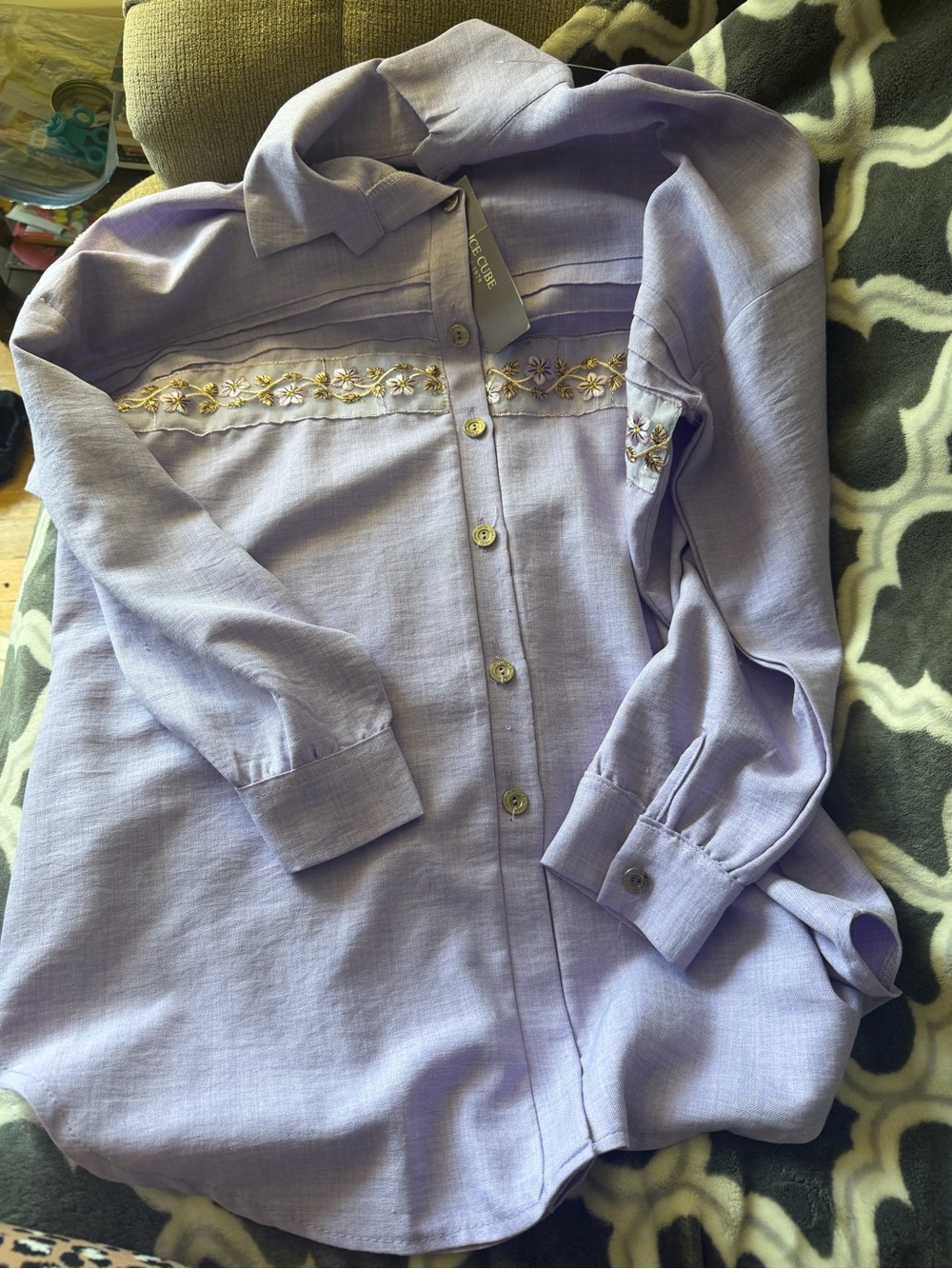 Lilac Embroidered Button-Down Shirt - Women's Relaxed Fit